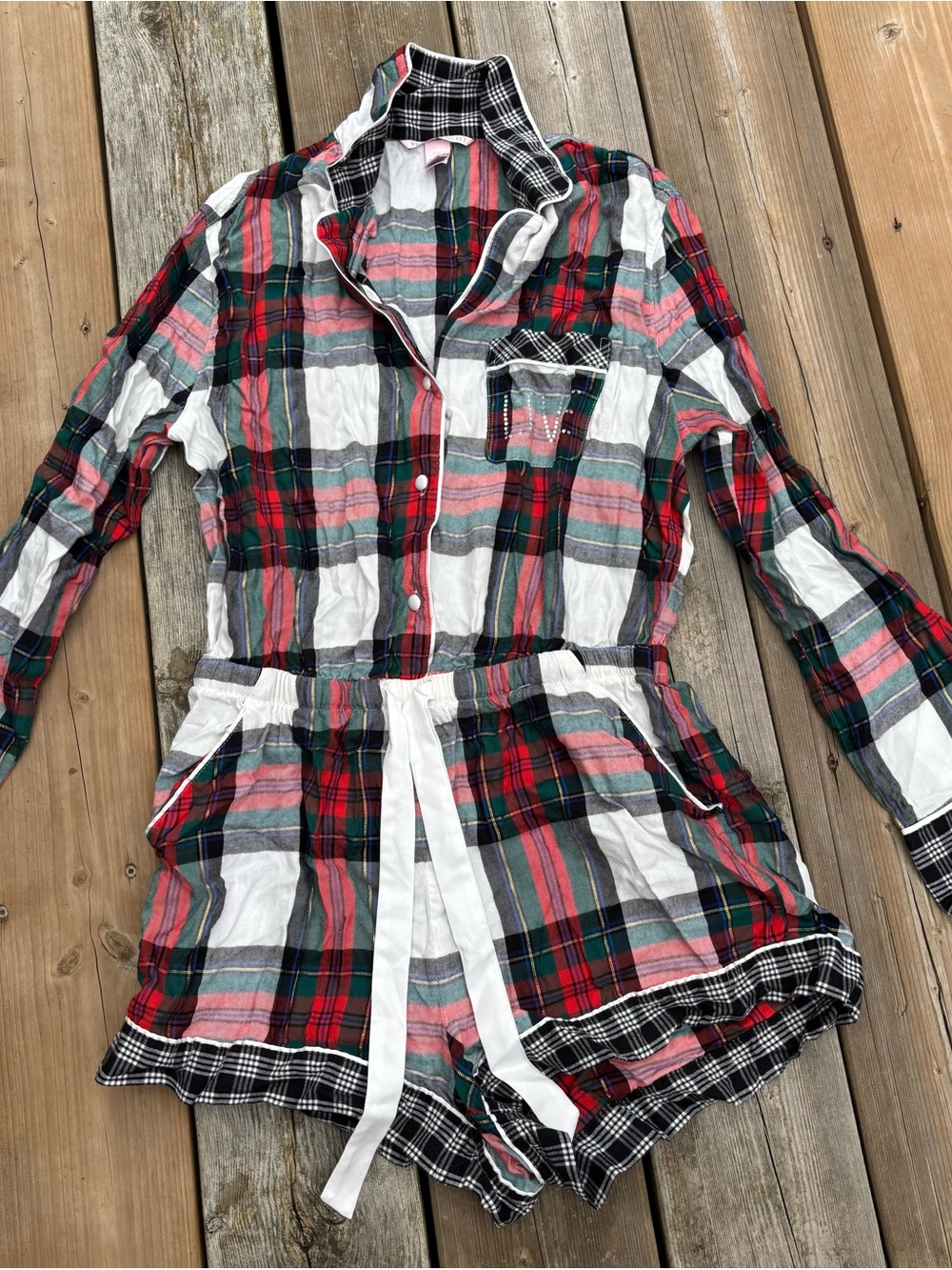 Victoria's Secret Plaid High-Waist Shorts Romper in Red, Green, White and Black